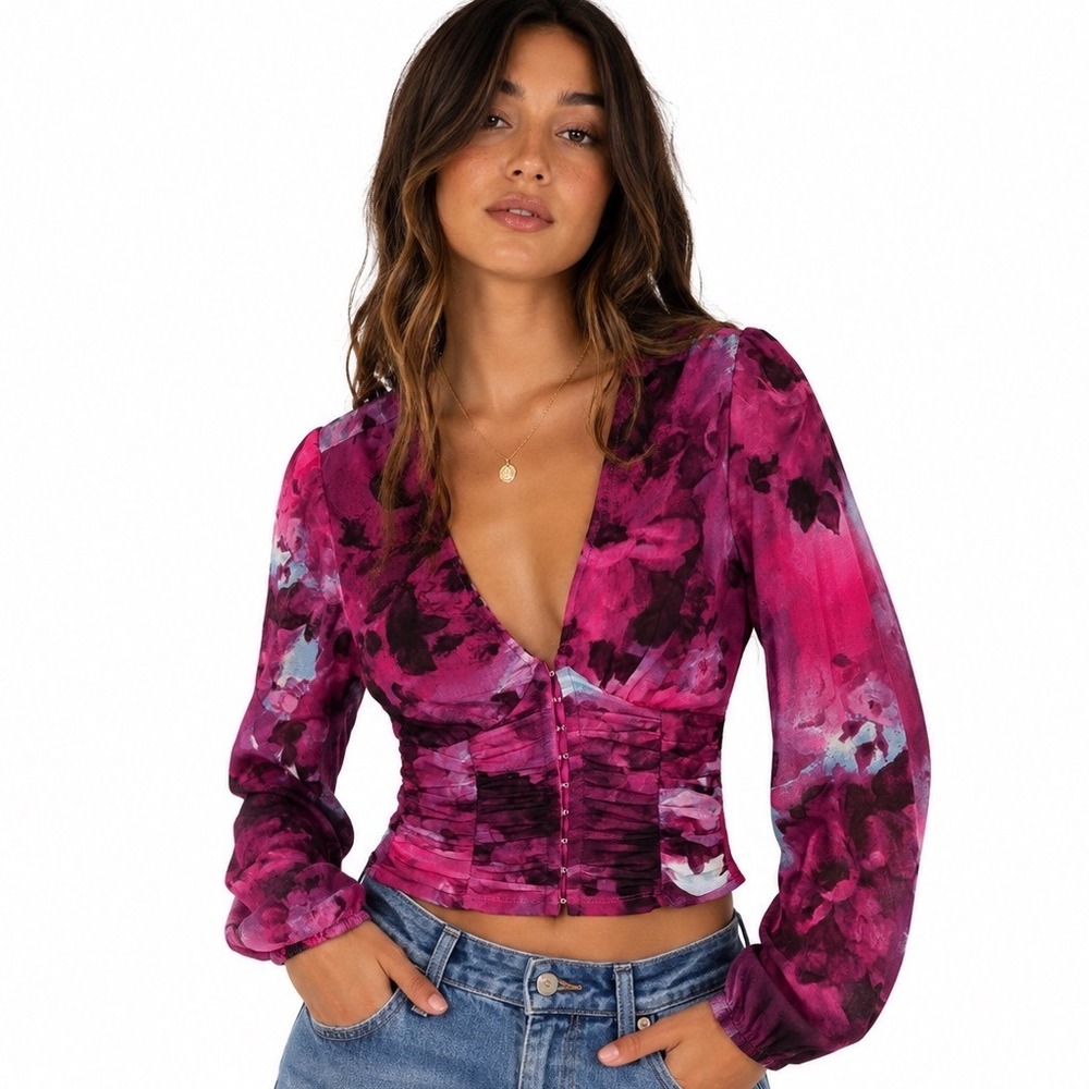 Liberty Love Floral Sheer Blouse Ruched Corset Waist Long Sleeve Boho Peasant